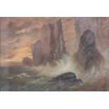 British School (19th century) Waves crashing on cliffs with sea birds at rest Indistinctly