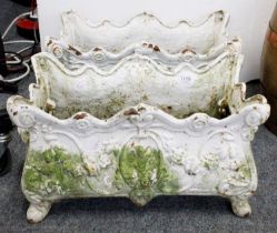 A Pair of White Painted Cast Iron Rectangular Planters, decorated with scroll work, 48cm by 28cm