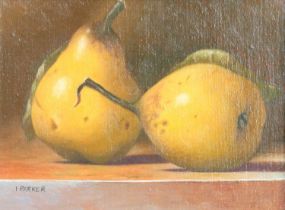 Ian Parker (b.1955) "Two Quinces" Signed, oil on linen laid on board, 14cm by 19cm Provenance: The