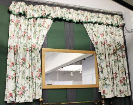 A Pair of Sanderson "Rosamund" Pattern Floral Curtains and Gathered Pelmet, lined, 218cm long by