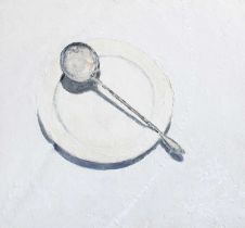 Alexis Bilenko (Contemporary) "Ladle and plate on embroidered cloth" Oil on board, 56cm by 61cm