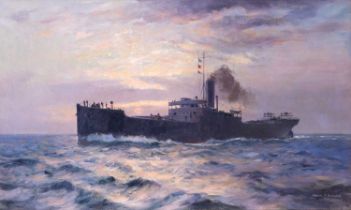 Arthur James Wetherall Burgess ROI, VPSMA (1879-1957) Australian Steamer at sea by sunset Signed,