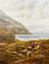 Robert F Watson (1855-1921) Shepherd and flock on a sunlit lochside Highland cattle watering Each
