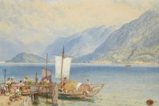 Myles Birket Foster RWS (1825-1899) Figures loading a barge in a Continental lakeland landscape