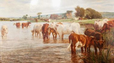 Circle of Dixon Clark (fl.1890-1902) Cattle watering Oil on canvas, 118.5cm by 213.5cm