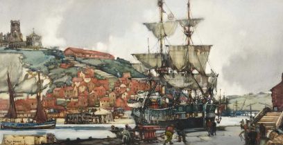 Frank Henry Mason RBA, RI, RSMA (1875-1965) "Home from the Greenland seas, Whitby" Signed, mixed