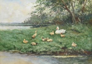 Constant David Ludovic Artz (1870-1951) Duck and ducklings by the riverside Signed, watercolour,