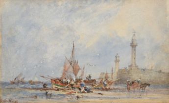 George Weatherill (1810-1890) Unloading the catch beside Whitby pier Signed, watercolour