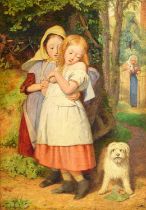 Edward Thompson Davis (1833-1867) "Girls, frightened by a dog" (Study) Initialled, oil on board,