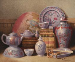 Benjamin Walter Spiers (1845-1923) A still life with books, Oriental porcelain including famille