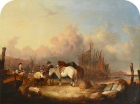 William Shayer (1788-1879) A busy beach scene with figures sorting the day's catch Oil on canvas,