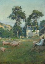 Samuel John Lamorna Birch (1869-1955) Farm girl and foraging pigs in evening sun Signed and dated
