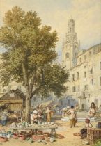 Myles Birket Foster RWS (1825-1899) Continental town scene with stalls selling pots and other