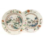 A Pair of Chinese Porcelain Plates, Qianlong, with lobed rims and painted in famille rose enamels