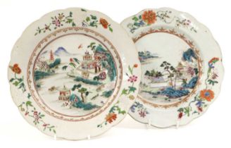 A Pair of Chinese Porcelain Plates, Qianlong, with lobed rims and painted in famille rose enamels