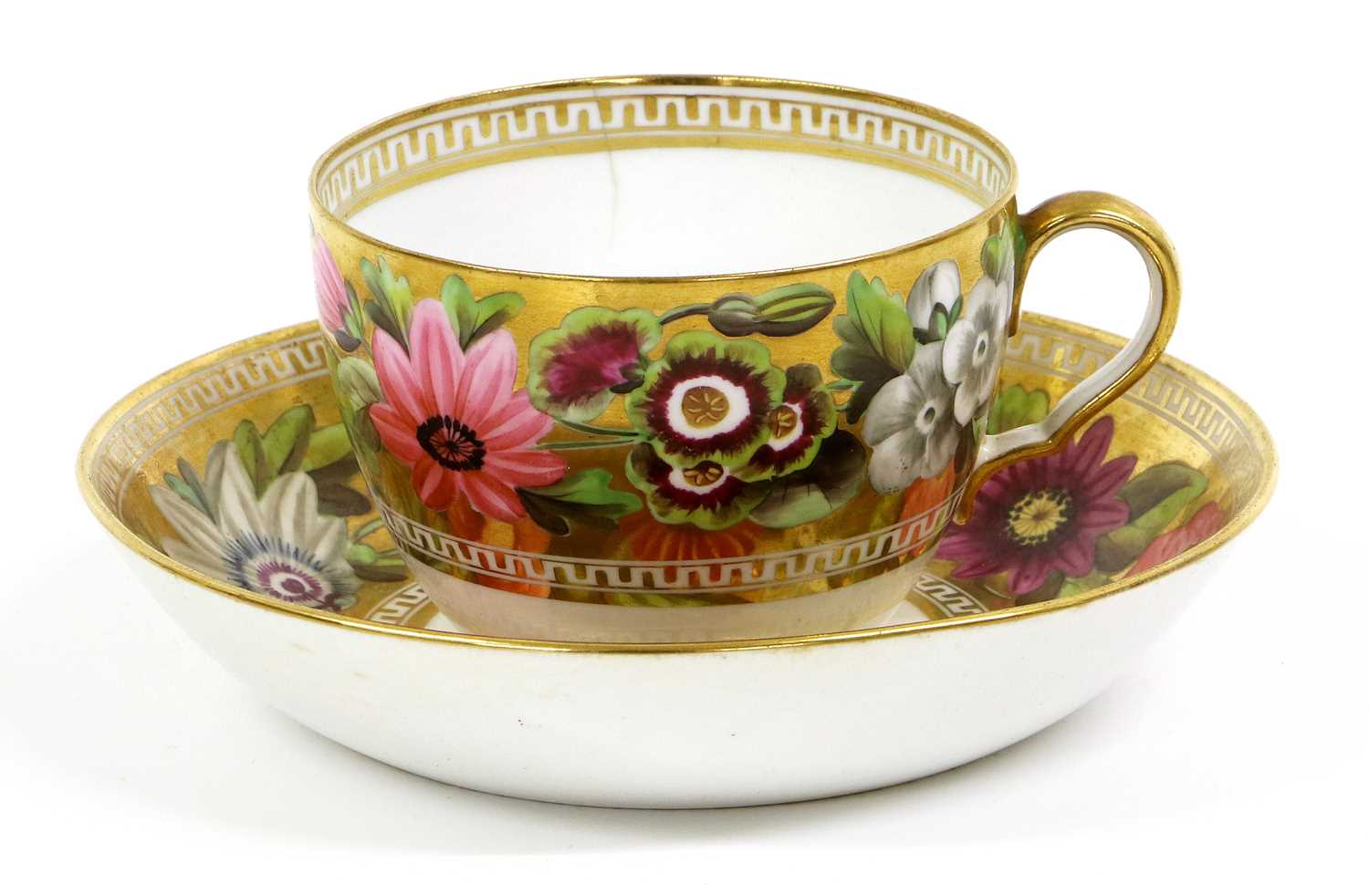 A Spode Teacup and Saucer, circa 1810, of bute shape, gilt ground and painted with large flowers - Image 2 of 5