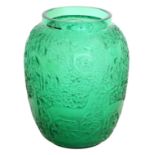 A Lalique Biches Emerald Green Glass Vase, modern, model No.12330, signed Lalique (R) France and