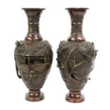 A Pair of Japanese Gilt and Patinated Bronze Vases, Meiji period, of baluster form, cast with