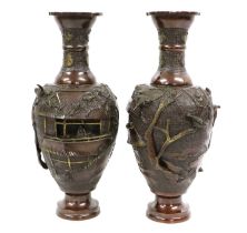 A Pair of Japanese Gilt and Patinated Bronze Vases, Meiji period, of baluster form, cast with