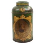 A Victorian Toleware Shop Display Tea Canister and Cover, of cylindrical form with sloping