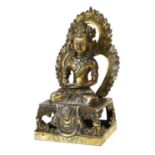 A Sino-Tibetan Bronze Figure of Buddha, in 17th century style, seated cross-legged before a