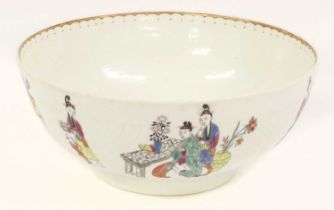 A Worcester Porcelain Bowl, circa 1770, feather moulded and painted in coloured enamels with a