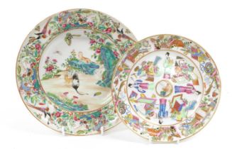 A Cantonese Porcelain Soup Plate, early 19th century, painted in famille rose enamels with two big