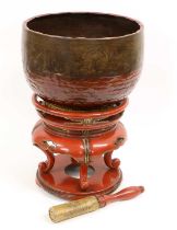 A Japanese Copper Alloy Temple Gong or Singing Bowl, 19th century, of semi-ovoid form, decorated