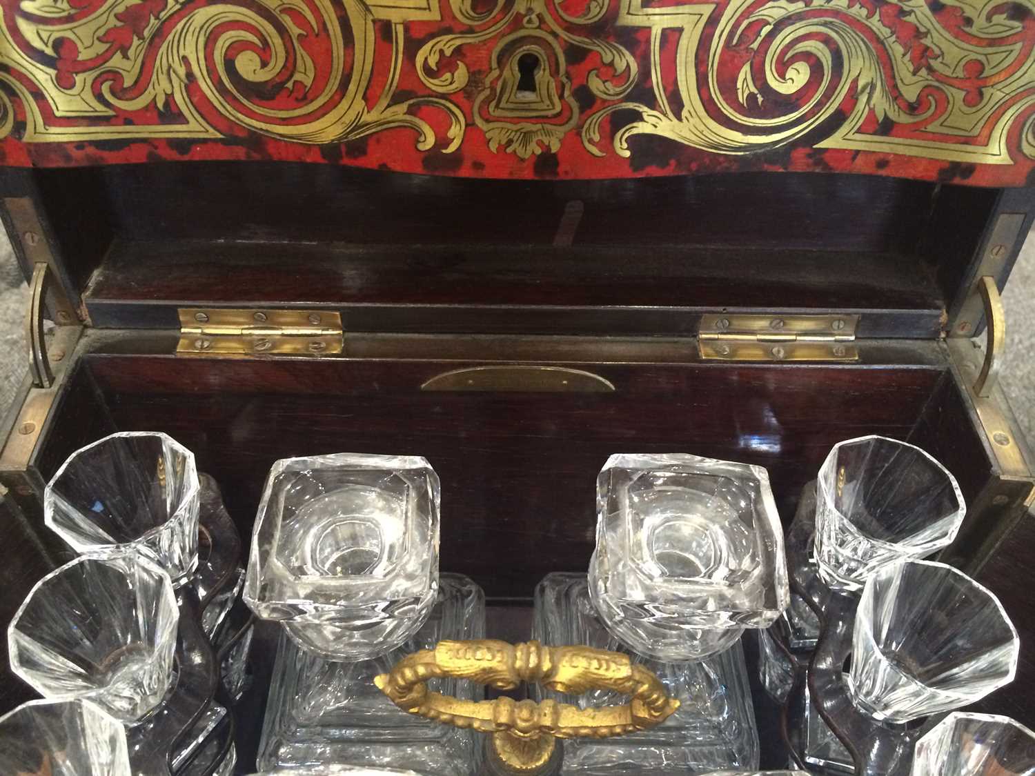 A French Boulle Travelling Decanter Set, circa 1860, of serpentine rectangular form, the hinged - Image 10 of 14