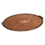 A Mahogany and Marquetry-Inlaid Oval Tray, circa 1900, with scrolled handles and moulded border, the