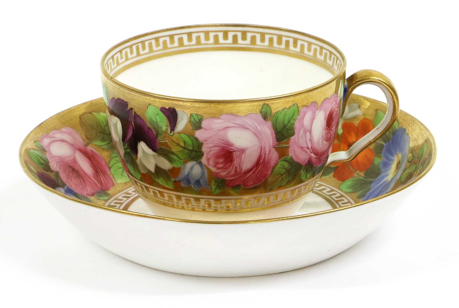 A Spode Teacup and Saucer, circa 1810, of bute shape, gilt ground and painted with large flowers - Image 5 of 5