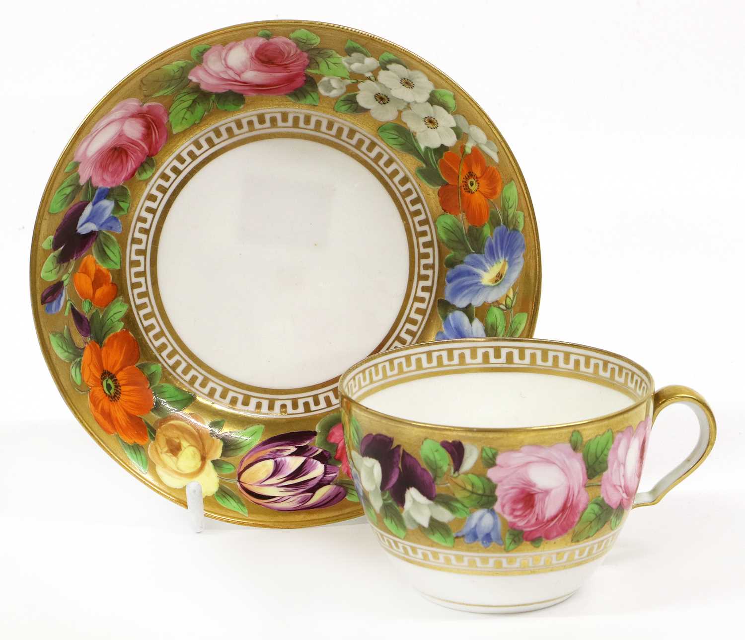 A Spode Teacup and Saucer, circa 1810, of bute shape, gilt ground and painted with large flowers - Image 3 of 5