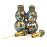 A Chinese Cloisonne Enamel Double Snuff Bottle and Stoppers, Qing Dynasty, of conjoined double gourd