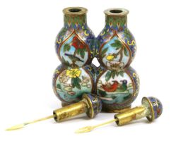 A Chinese Cloisonne Enamel Double Snuff Bottle and Stoppers, Qing Dynasty, of conjoined double gourd