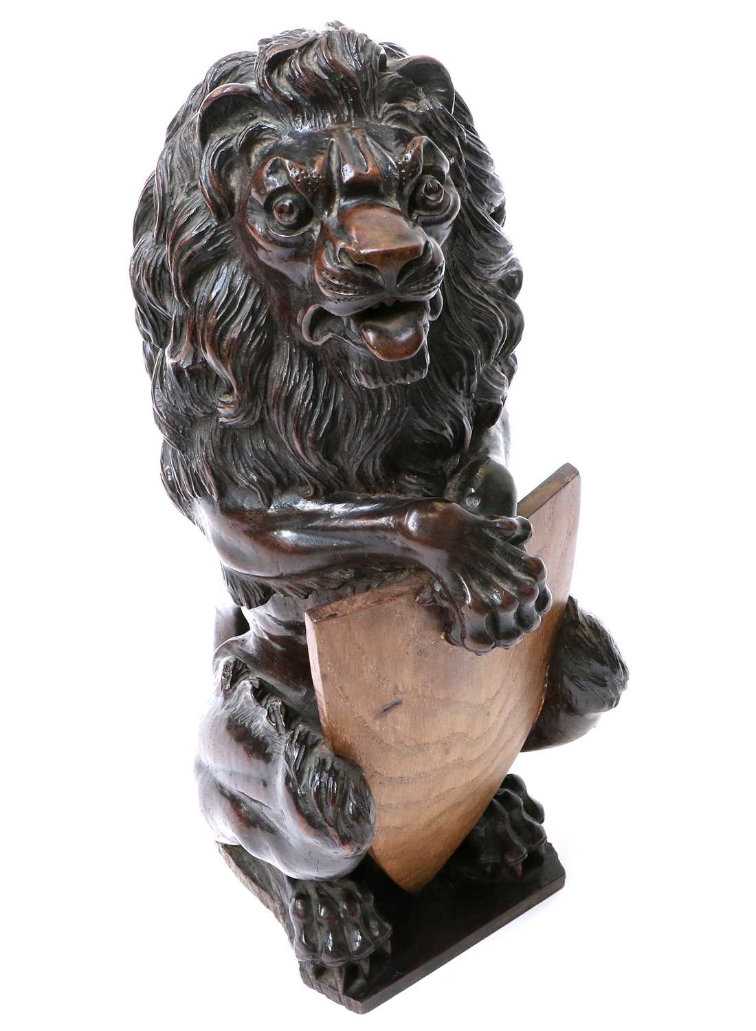 A Carved Oak Heraldic Lion, 18th century, possibly a newal post finial, modelled holding a vacant - Image 3 of 7