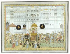 Indian School A Maharajah and Attendants riding an elephant in a parade of guards, soldiers,
