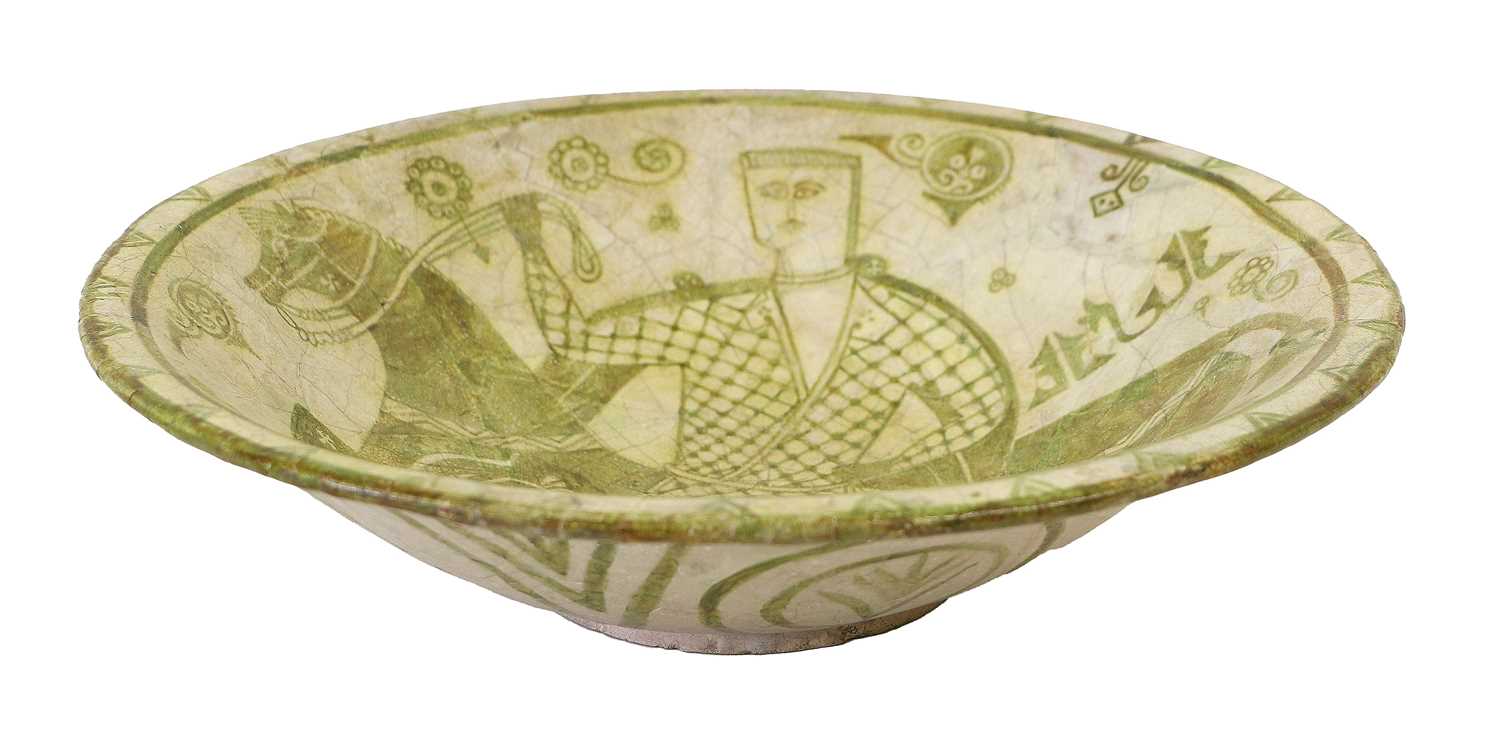 An Islamic Pottery Bowl, probably Nishapur, 10th/11th century, painted in yellow and brown with a - Image 4 of 4
