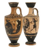 An Etruscan / Attic Style Terracotta Black Figure Lekythos (oil ewer), of typical form and painted