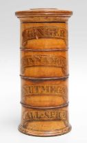 A Treen Four-Section Spice Tower, mid 19th century, of cylindrical form appllied with labels for