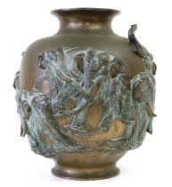 A Japanese Bronze Vase, Meiji period, of ovoid form with flared neck, cast in relief with a herd