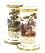 A Pair of Spode Porcelain Spill Vases, circa 1820, of cylindrical form and on spreading bases,