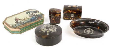 A George III Silver-Mounted Tortoiseshell Travelling Writing Set, circa 1810, the oval case with
