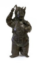 A Japanese Bronze Figure of an Actor, Meiji period, standing wearing a noh mask and traditional