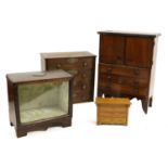 A Miniature Mahogany Cabinet on Chest, with two doors enclosing an arrangement of six drawers