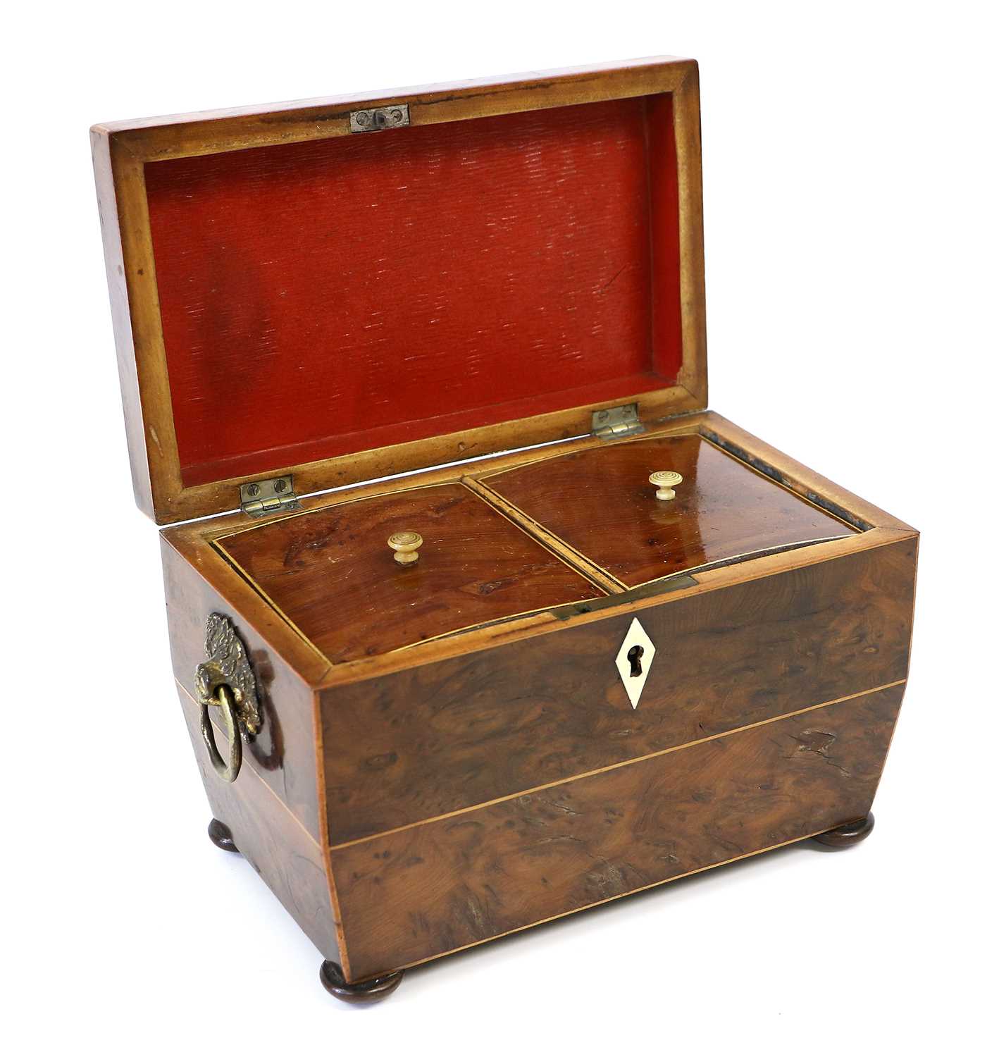 A Regency Burr Yewwood and Boxwood-Strung Tea Caddy, the hinged cover enclosing two lidded - Image 4 of 6