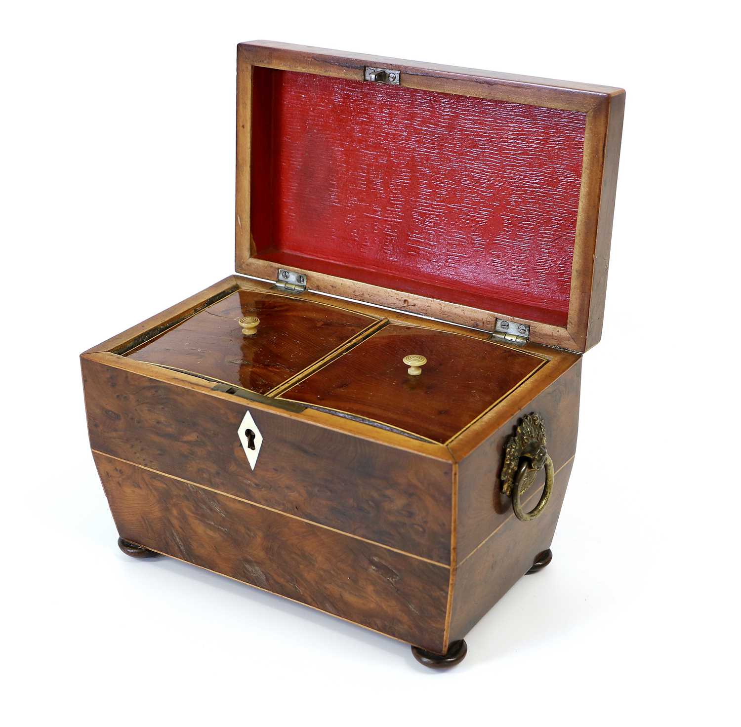 A Regency Burr Yewwood and Boxwood-Strung Tea Caddy, the hinged cover enclosing two lidded - Image 2 of 6