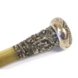 A White Metal Mounted Rhinoceros Horn Swagger Stick, late 19th century, the pommel repousse with