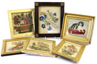 A Pair of Victorian Woolwork Pictures, depicting exotic birds amongst foliage 14cm by 16.5cm A