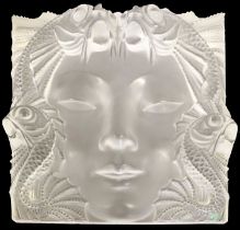 A Lalique Masque De Femme Frosted and Clear Glass Plaque, modern, model No.11645, signed Lalique (R)