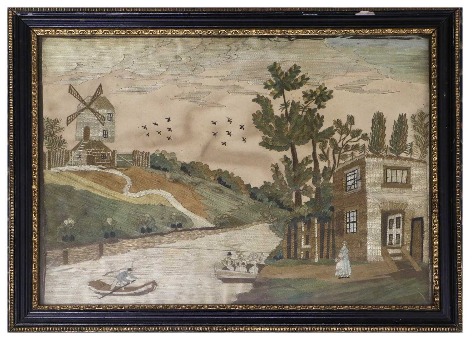 A Silkwork Picture, late 18th/early 19th century, depicting figres in boats on a river, a house